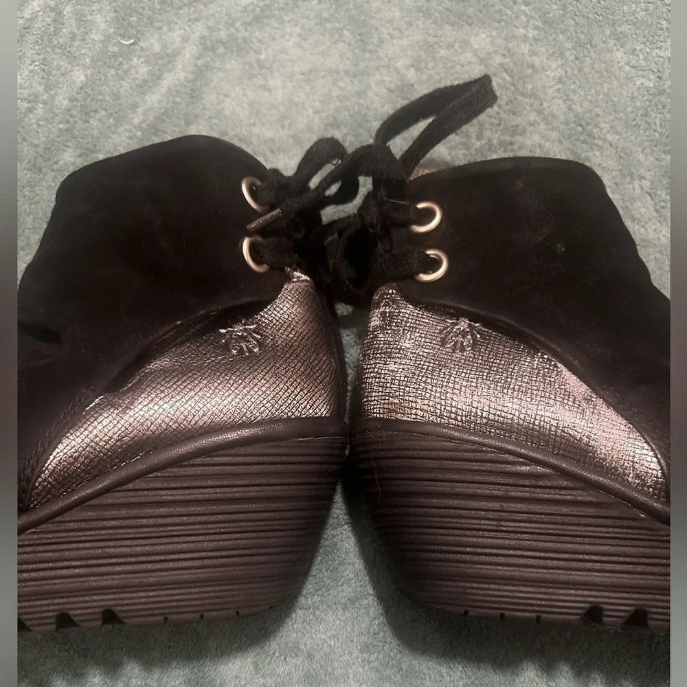 Fly London Yama Suede & Leather Lace-Up Wedge Ankle Boots 36